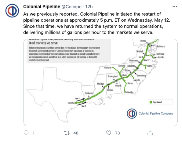 美大型输油管道运营商科洛尼尔宣布全面恢复正常营运